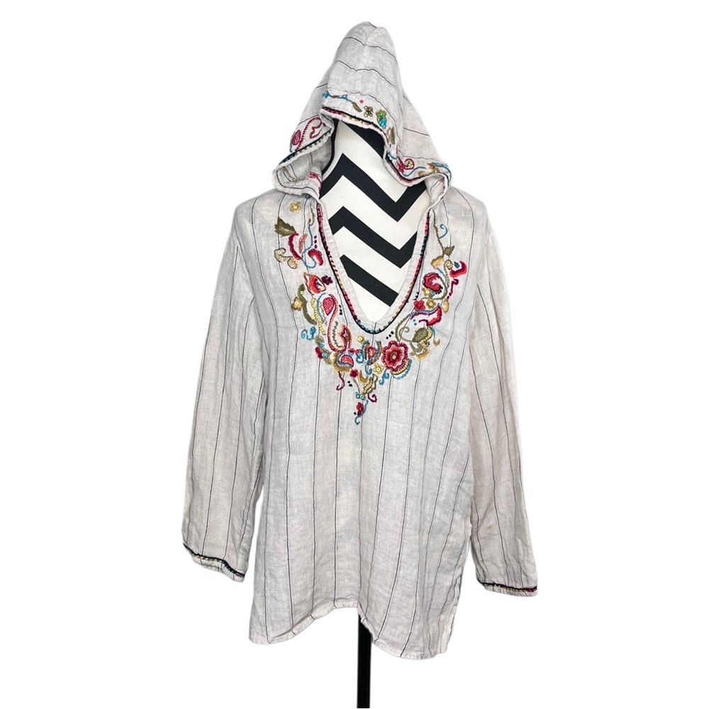 Chicos Sz 1 Boho Embroidered 100% Linen Long-Sleeve Hooded Top